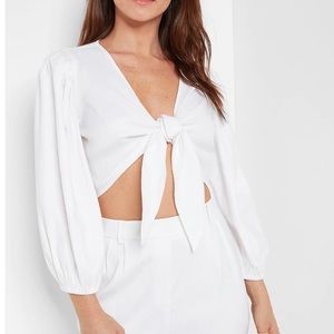 Express White Linen Cropped Front Tie Top